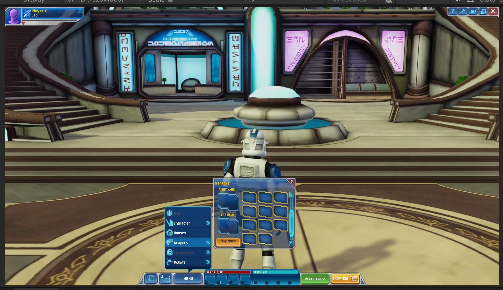 Screenshow of CWAEmu visualizing the weapon equip screen from the hud menu